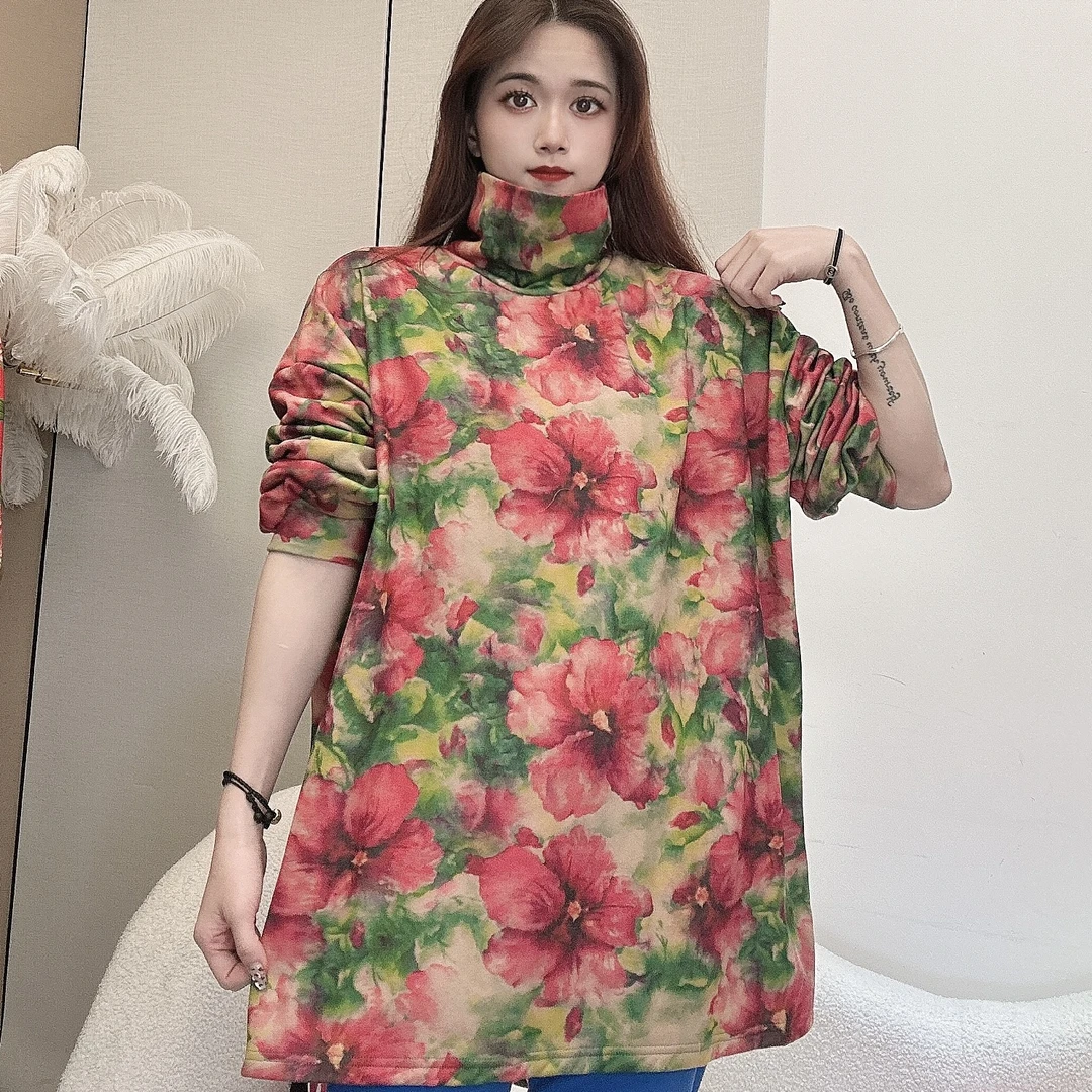 大码女装2024秋冬新款时尚印花圆领打底衫双面德绒加厚套头上衣