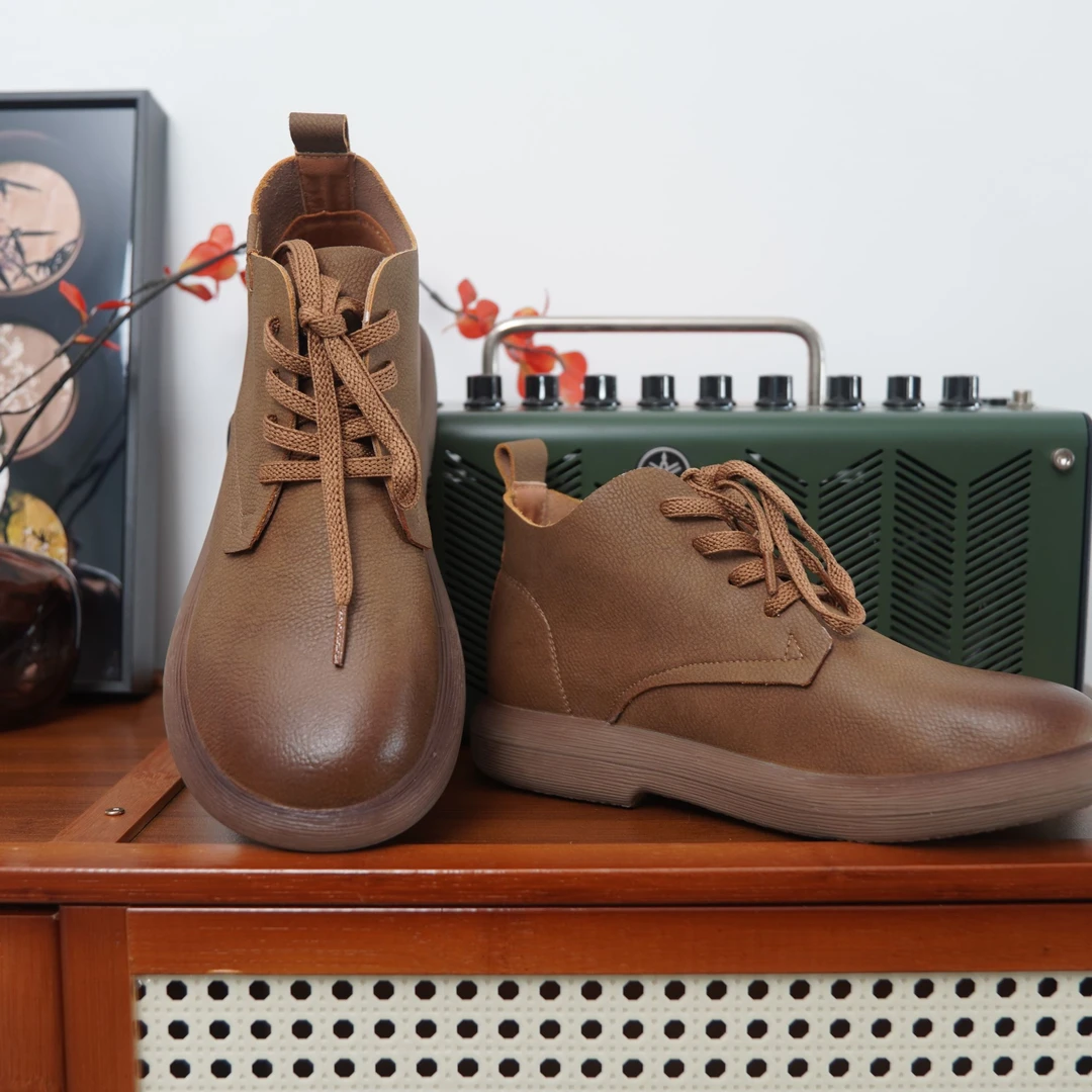 复古休闲短靴百搭女马丁靴爆款高帮棕色中筒系带老钱风必备女鞋