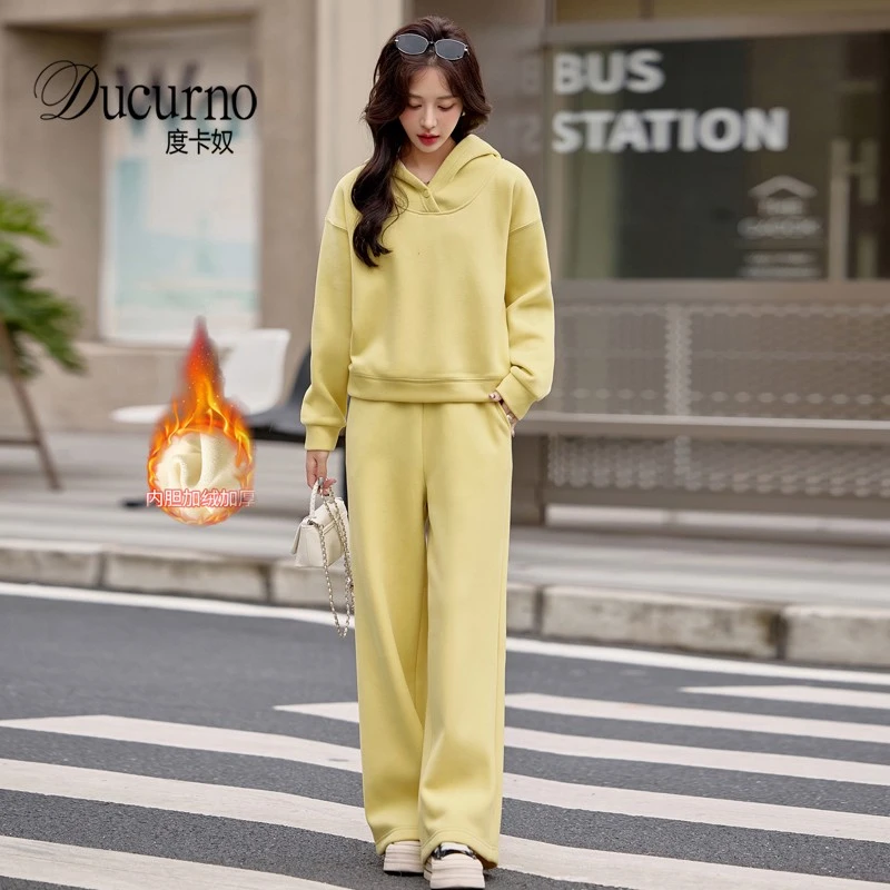 加绒卫衣卫裤两件套女装秋冬小个子高级感学生连帽加厚运动服套装