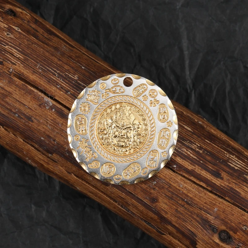 吊坠足银 足银999描金黄财神吉言吊坠男士国潮古法圆牌项链坠饰