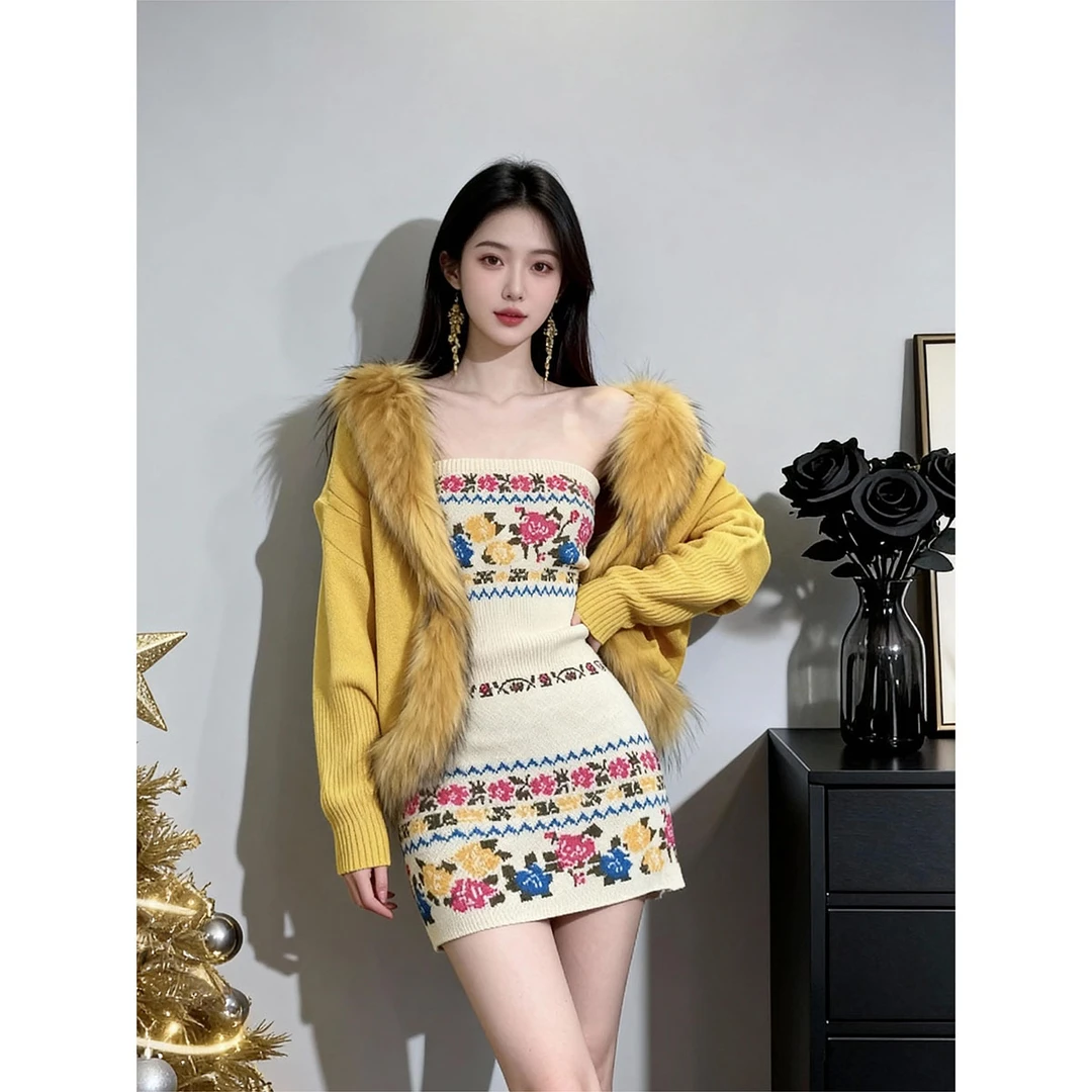 韩系慵懒风毛领蝙蝠袖毛衣外套针织开衫秋冬修身抹胸连衣裙套装
