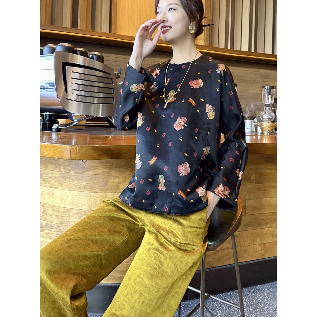 【老罗家】原创真丝衬衫女桑蚕丝香云纱财神宽松气质新中式长袖衬衣