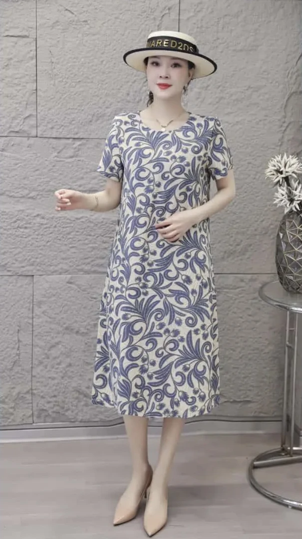 夏季新款蓝凤尾花洋气时尚中长款连衣裙