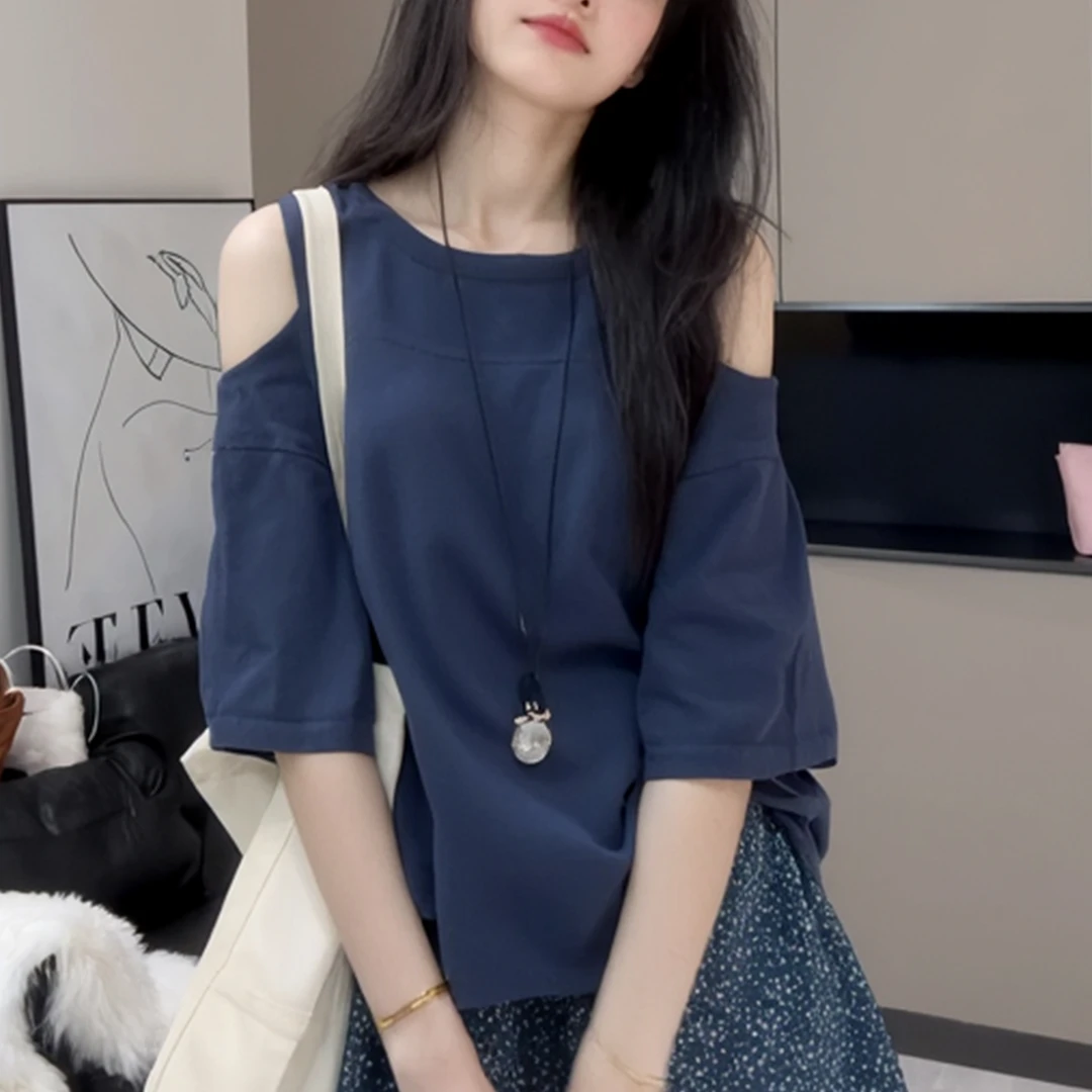 宽松遮肉显瘦上衣夏季薄款胖MM大码女装设计感纯欲露肩短袖T恤女