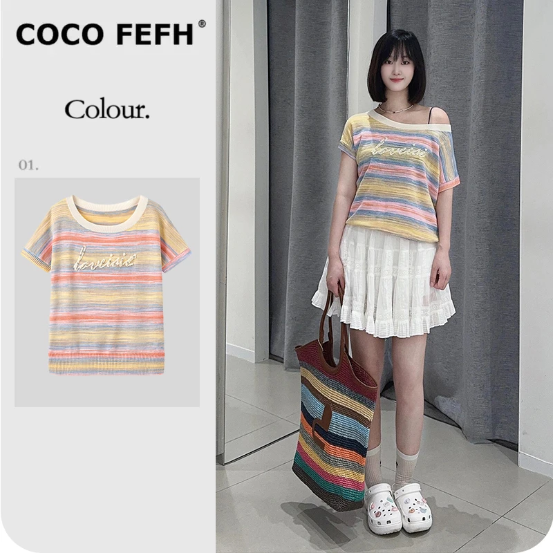 COCO FEFH 【毛针织衫】2025夏季新款多巴胺彩条斜肩上衣女短A6500