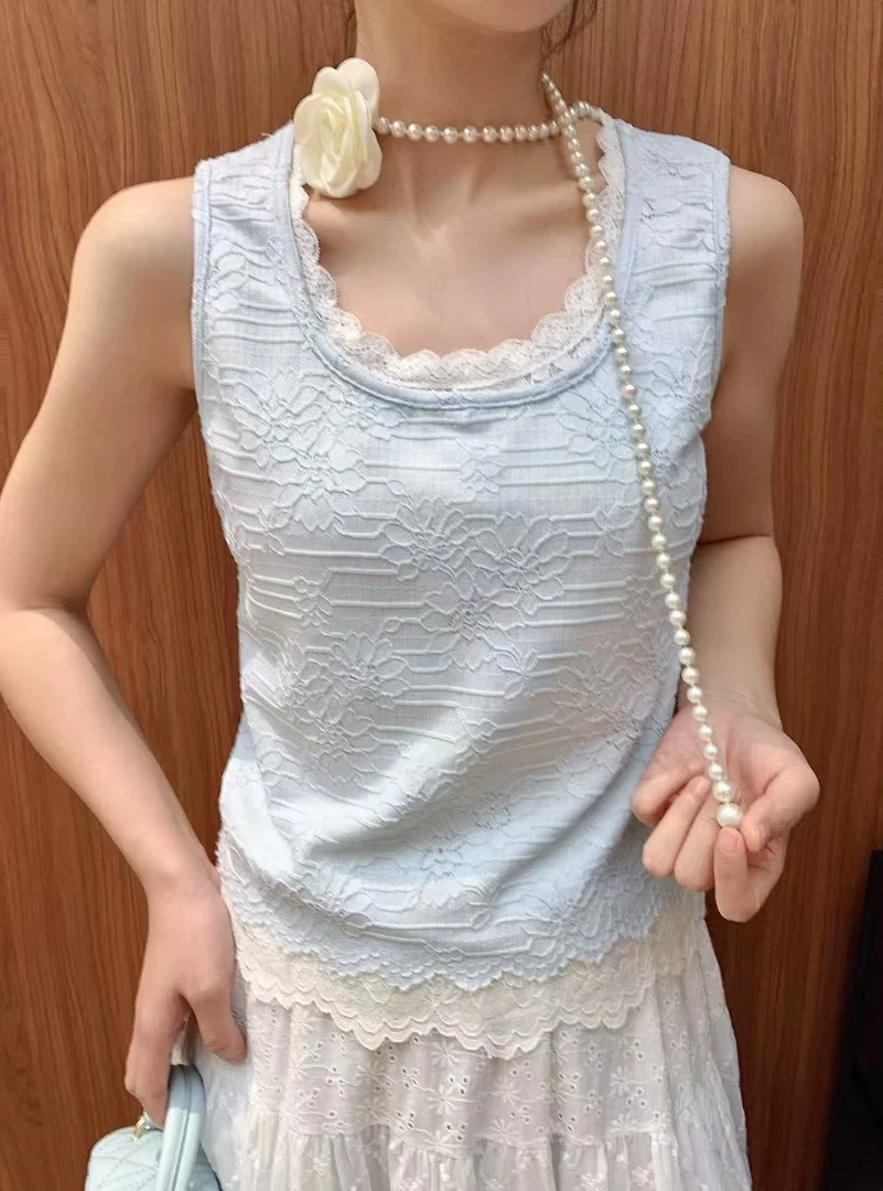 NO退NO换2025夏季新款DOMI设计感打底蕾丝假两件无袖背心女吊带