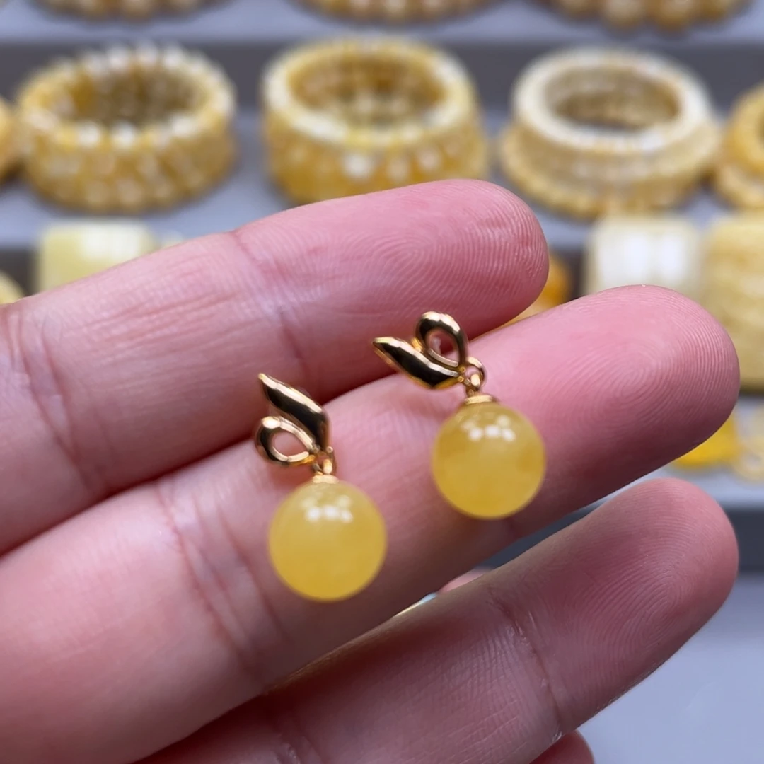 琥珀银S925镀金镶嵌耳饰耳钉