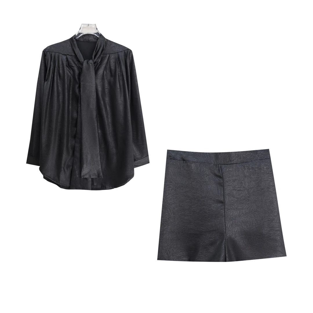S 高级感缎面飘带设计感衬衫气质短裤两件套装X27327（赠腰带）