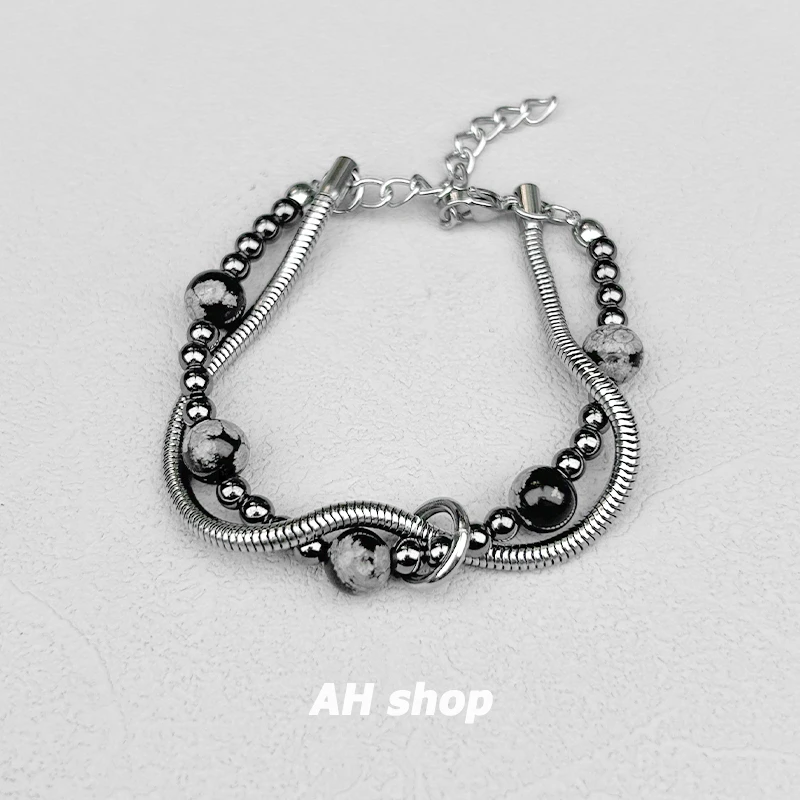 钛钢手链 原创设计雪花石双层手链男国潮复古新中式嘻哈缠绕手串