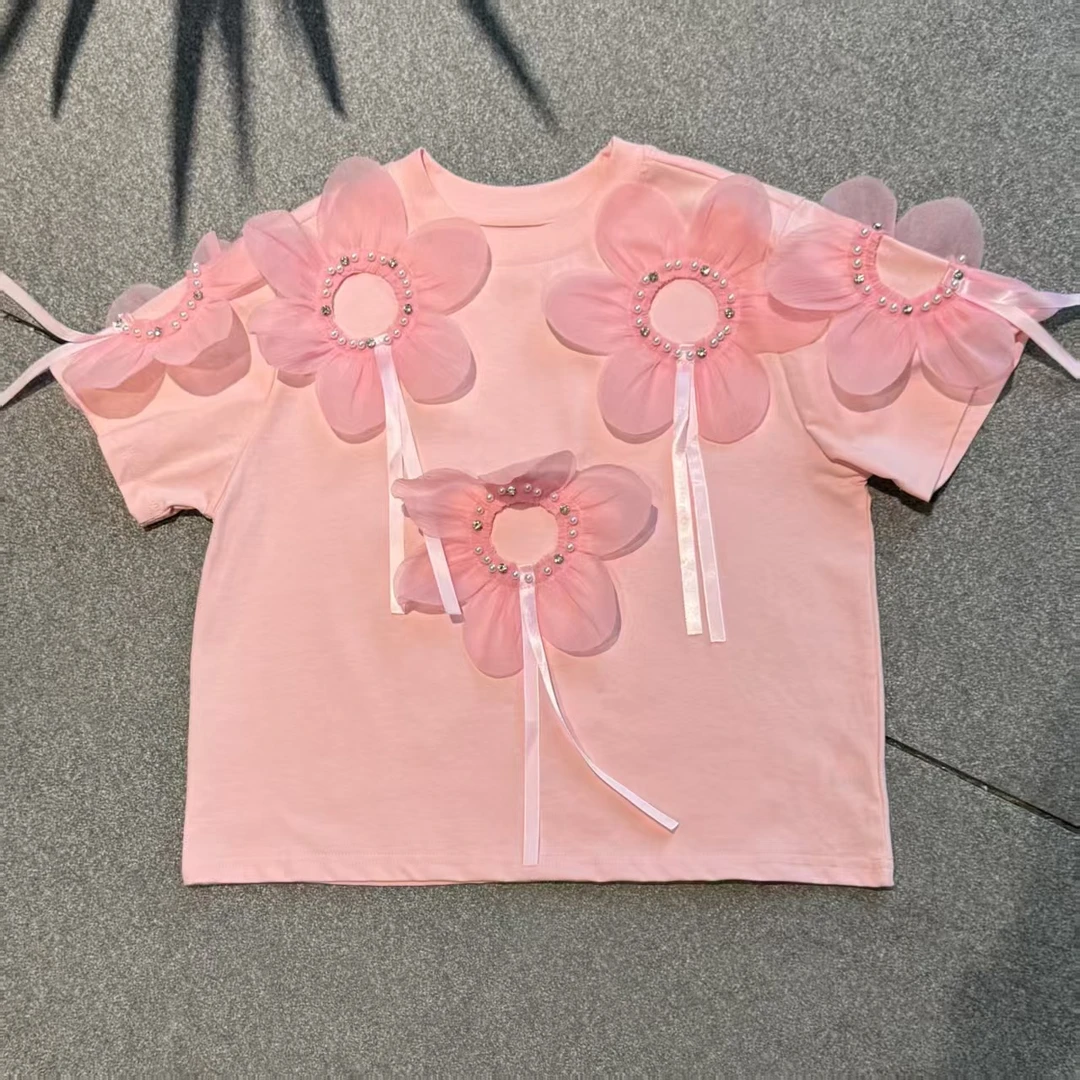 【思晨家】027 女童夏季2025款圆领时尚立体花朵钉珠T恤