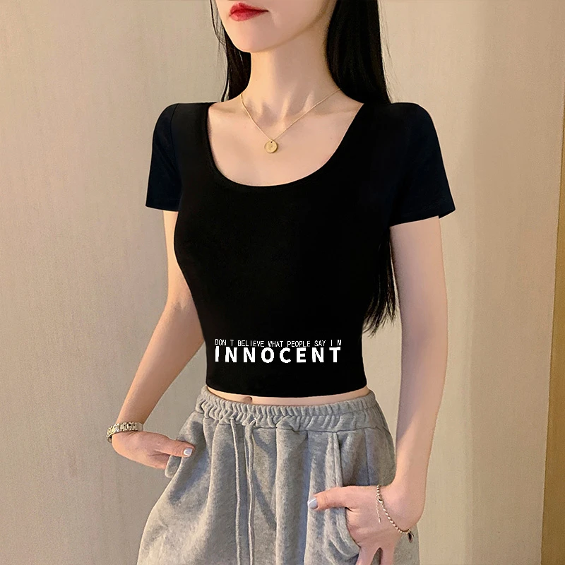 黑色圆领短款短袖t恤女2025新款春夏季纯棉修身显瘦体恤露背上衣