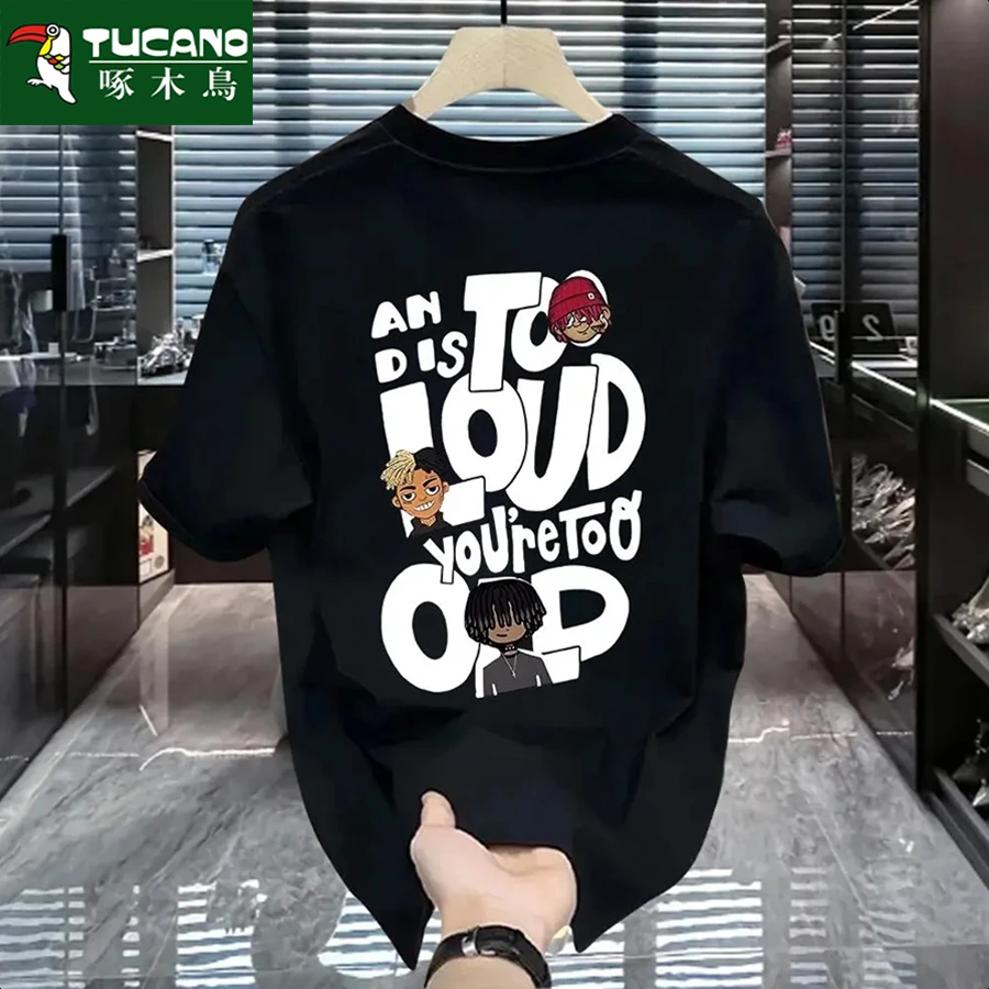 啄木鸟纯棉夏季潮牌美式痞帅重磅T恤青年百搭圆领ins宽松短袖爆款