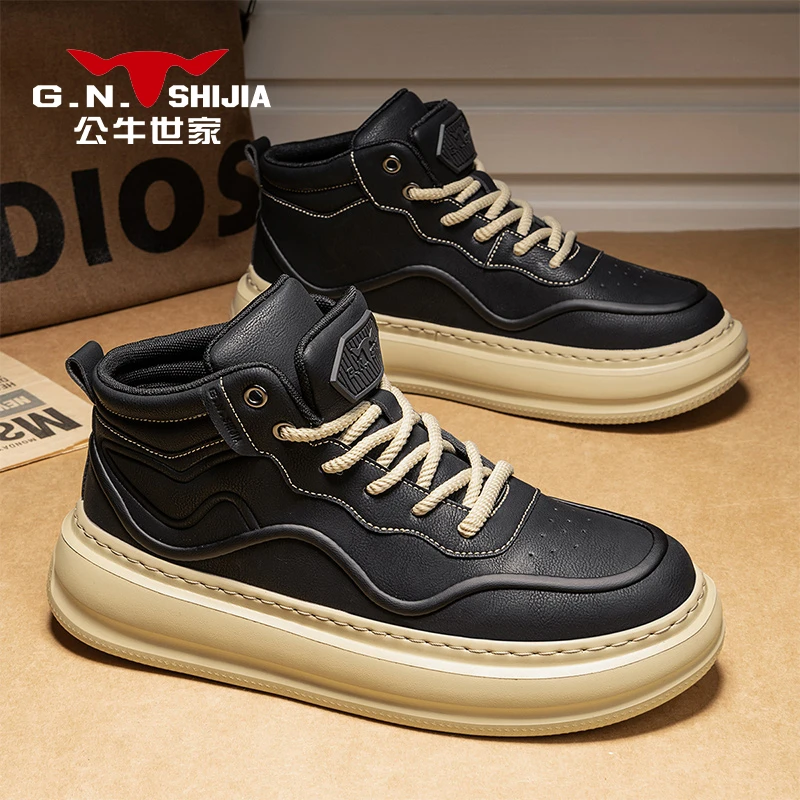 公牛世家鞋子男款秋季百搭运动休闲板鞋男士厚底增高工装马丁潮鞋