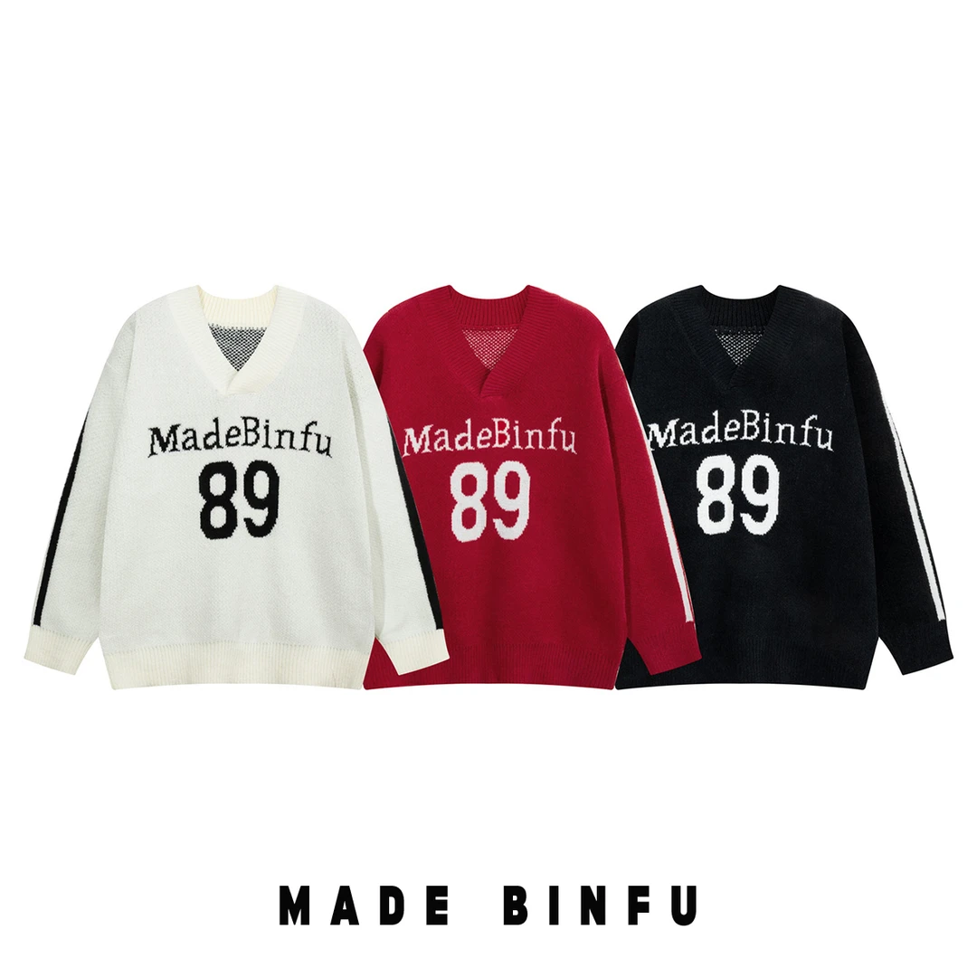 BINFU2024年新品 软糯慵懒风男女同款宽松版美式复古风V领毛衣