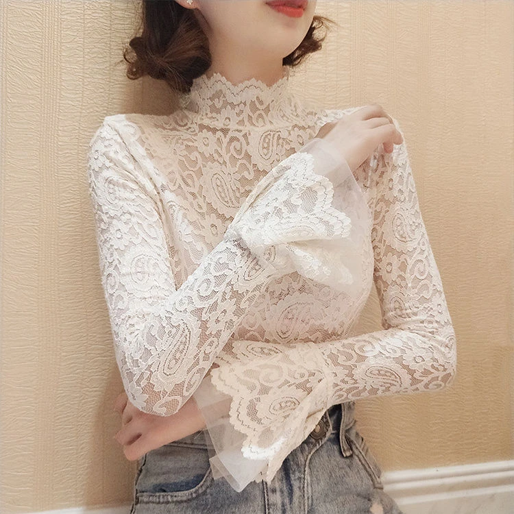 秋冬加绒加厚喇叭蕾丝打底高领新款女网修身紧身荷叶百搭洋气上衣