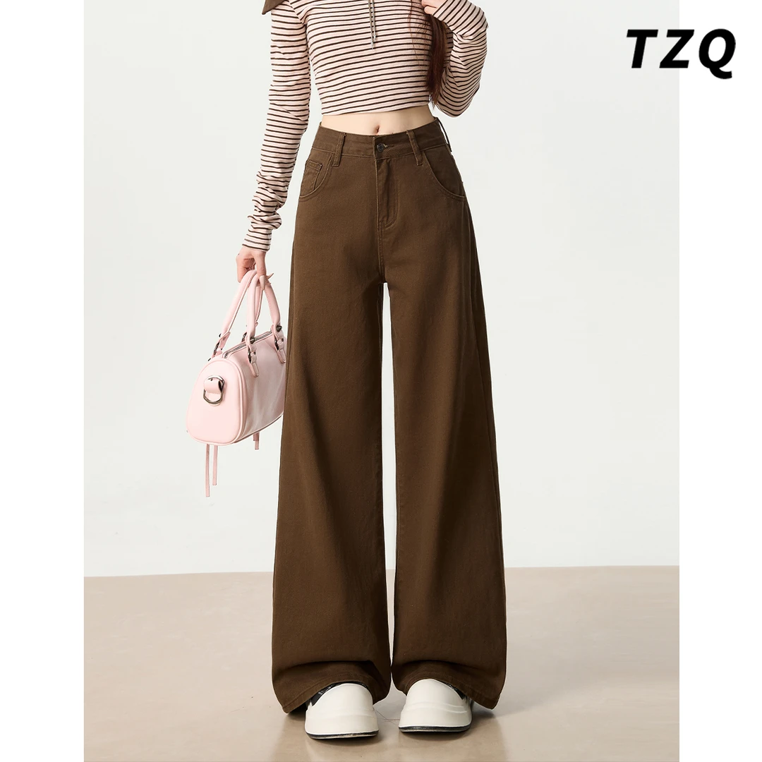 高级感咖色阔腿牛仔裤女2025秋冬加绒高腰宽松拖地裤TZQ25111337