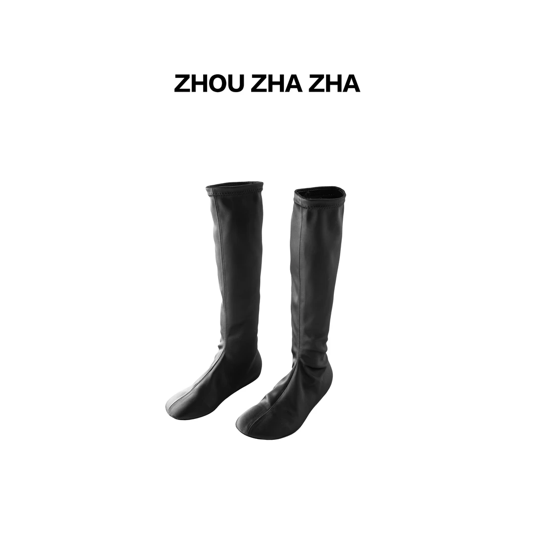 【周炸炸】鸭嘴圆头平底弹力袜靴极简高级真皮大底长筒靴#250953