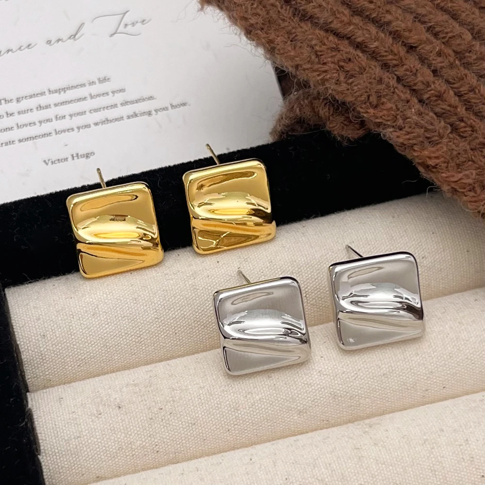 跨境爆款真金欧美金属风方形褶皱小耳钉个性百搭时尚高级感耳饰