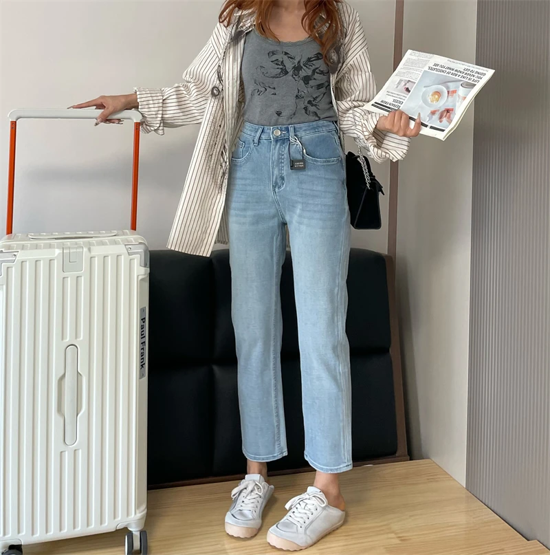 蹦极四面弹超软弹力显瘦显腿长牛仔裤窄版小直筒修身九分裤烟管裤