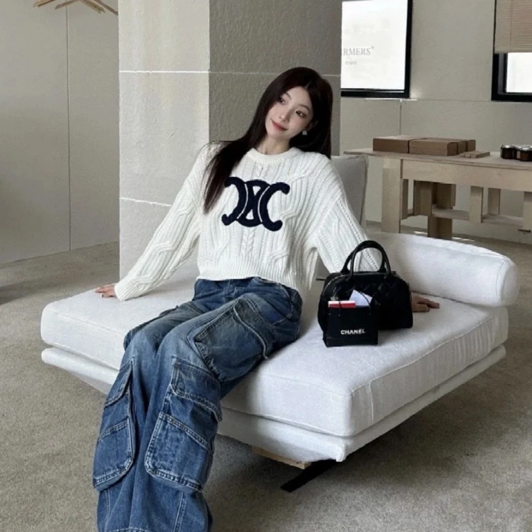 未使用 Celine/思琳 Logo嵌花宽松拼色毛衣 米黄色/M/L