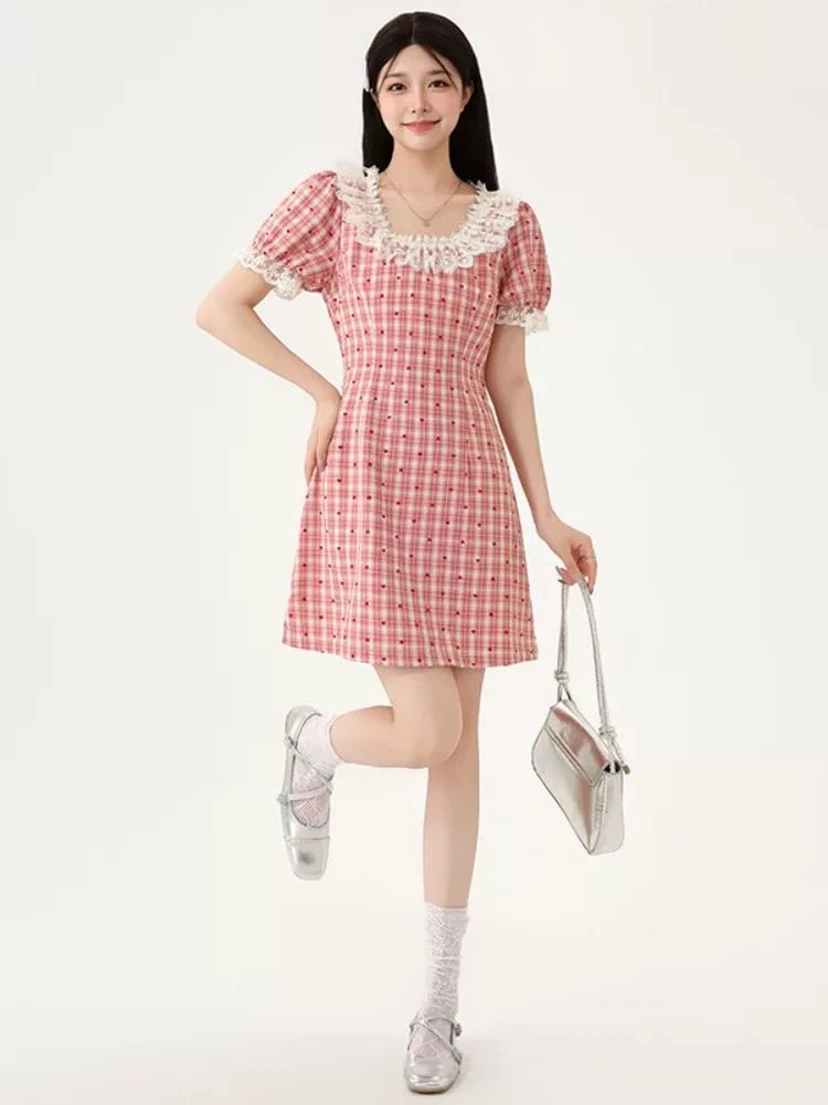 裙长78    6607-1【粉格少女】连衣裙