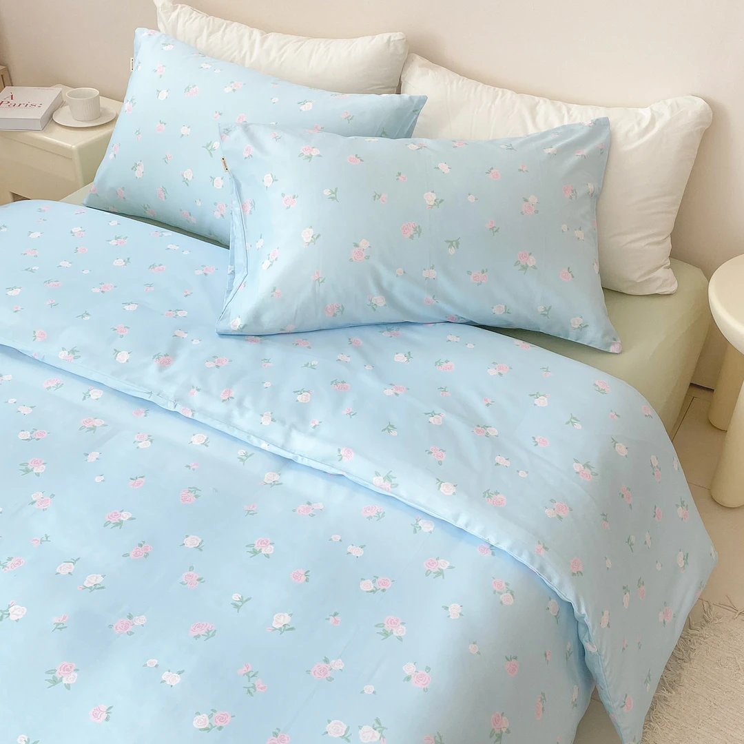 奶蓝记事本  ins风碎花可爱蓝全棉床上四件套1.8米小清新被套床单