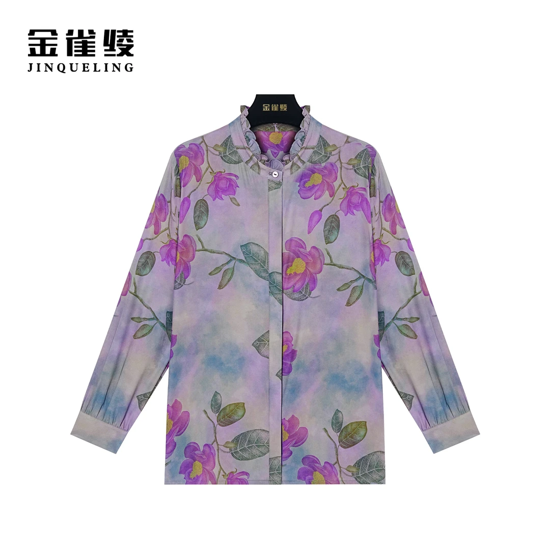 金雀绫【紫面芙蓉】桑蚕丝木耳领印花晕染时尚亲肤舒适衬衫SZ4S35