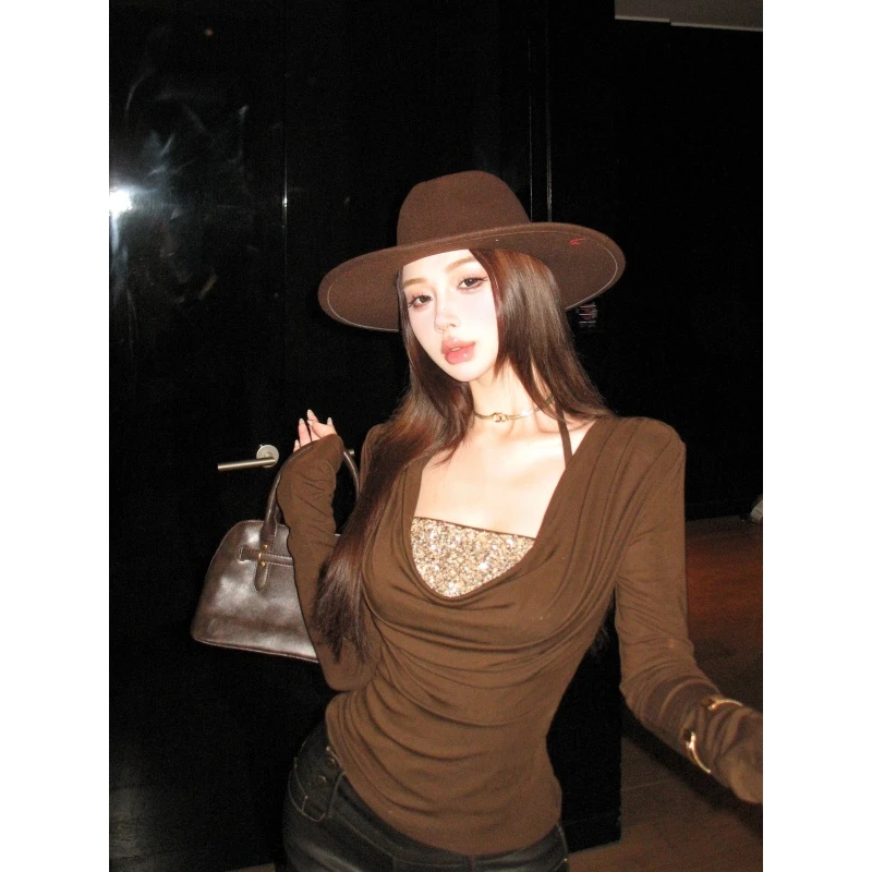 辣妹两件套法式气质针织亮片挂脖背心高级感荡领长袖打底衫上衣女