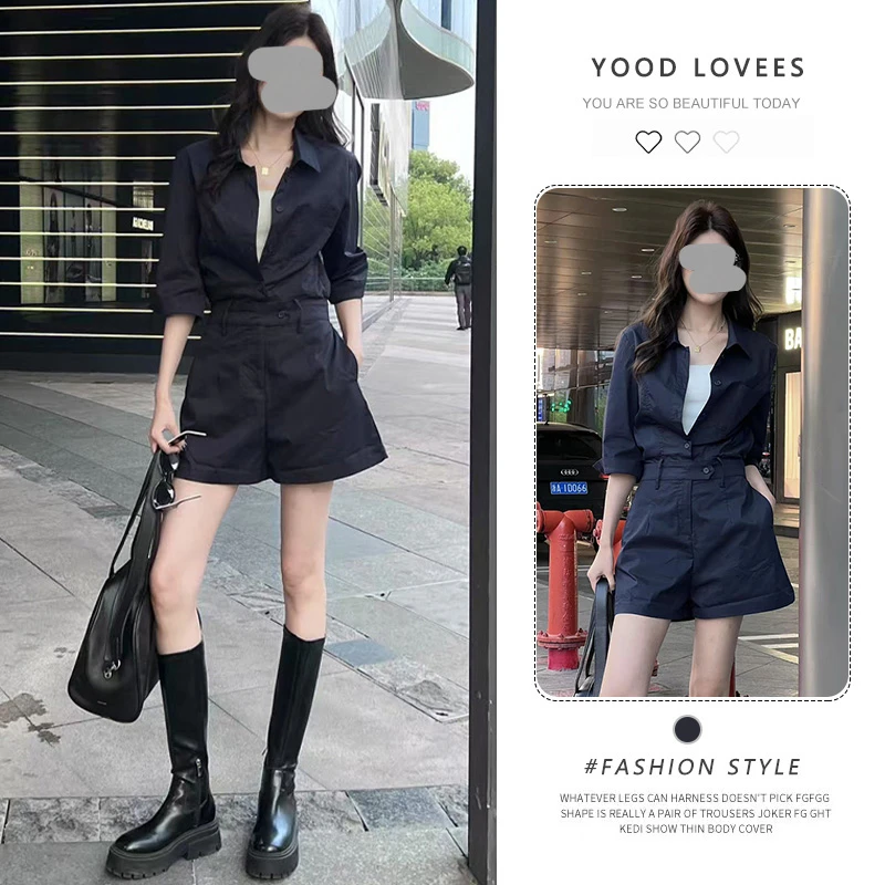 休闲风气质衬衫连体裤女2025夏季新款时尚收腰阔腿短裤连衣裤女装