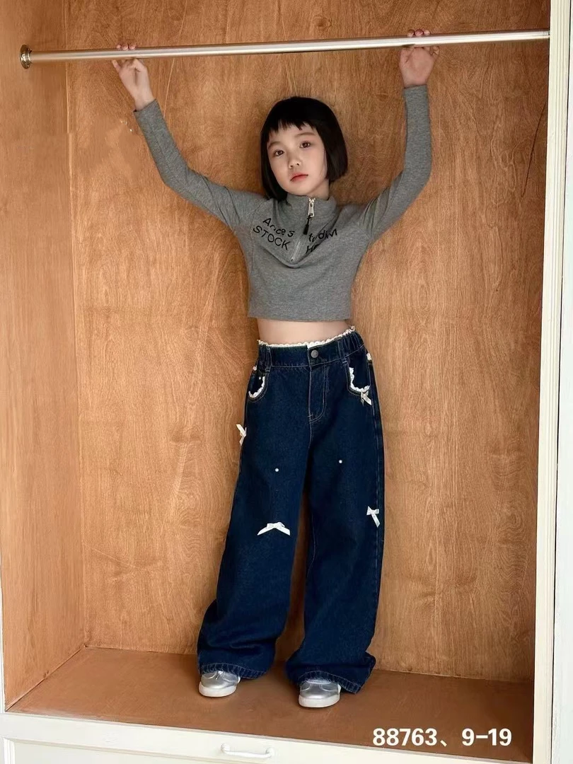 馨艺童品8763蝴蝶结牛仔原色牛仔裤女童洋气