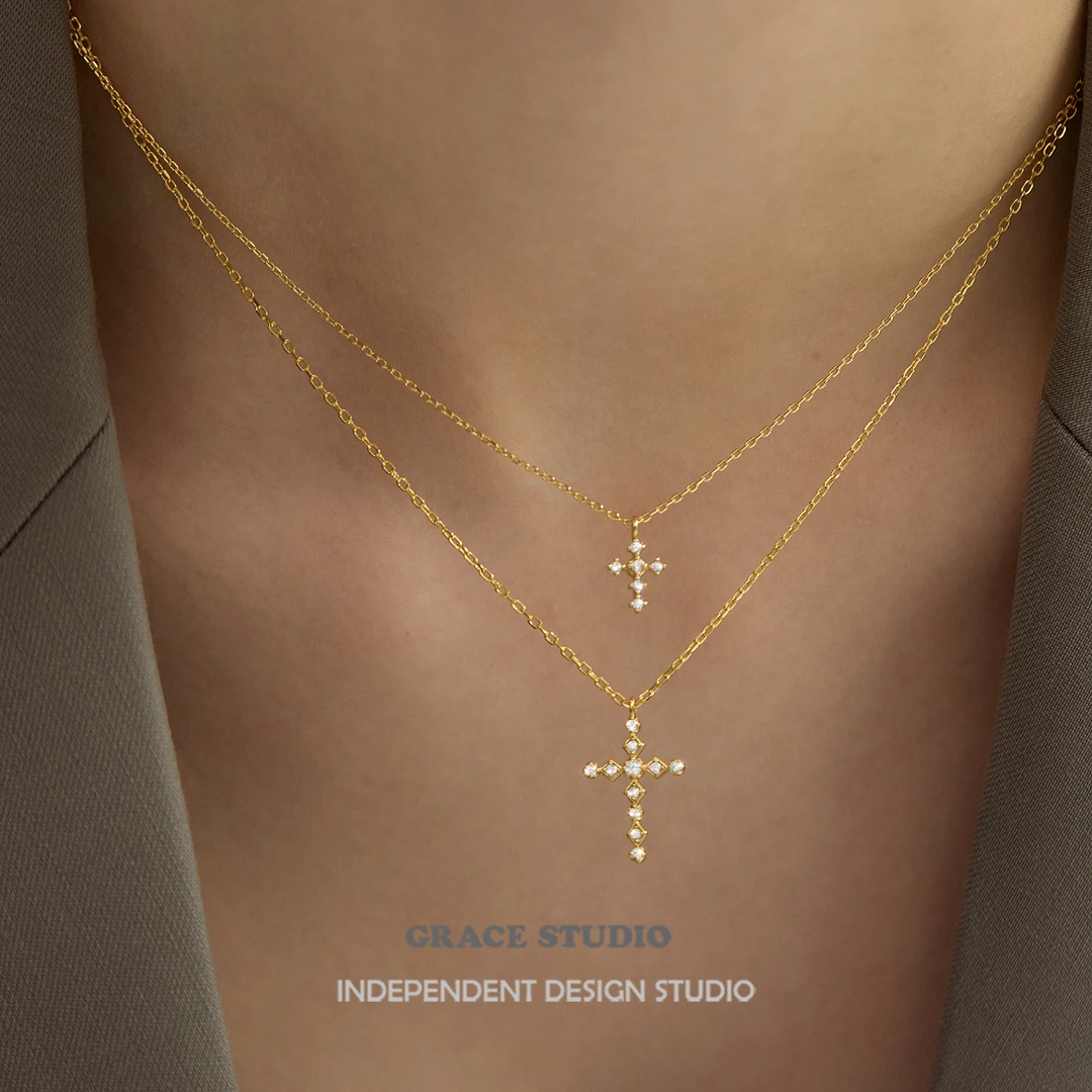 坠链均925银锆石 轻奢高级感十字架项链精致超闪锆石叠戴锁骨链