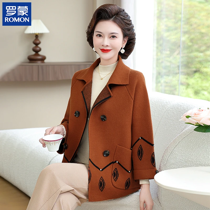 罗蒙气质妈妈秋装印花外套新款翻领呢子大衣中老年女秋季洋气上衣