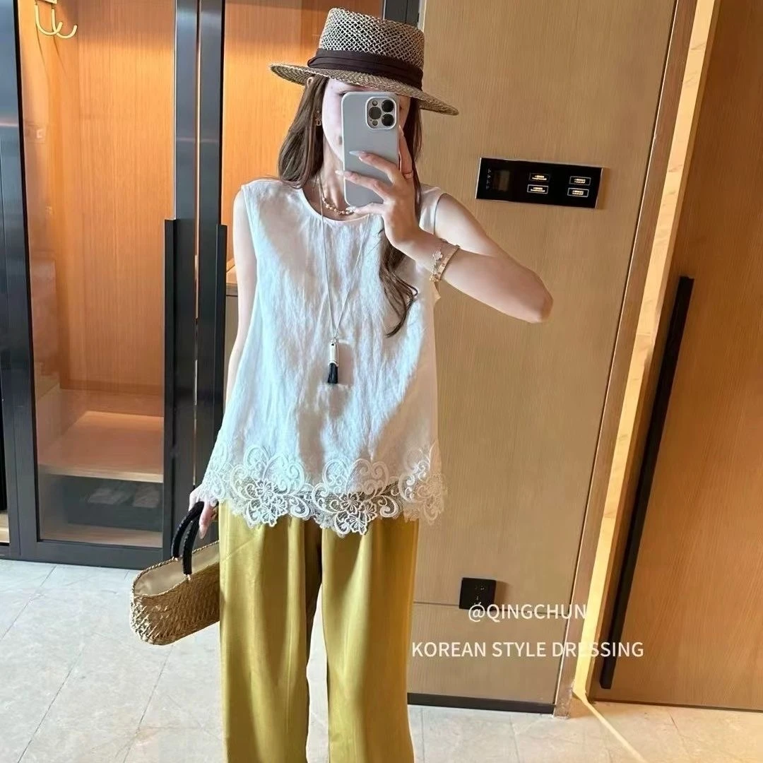 韩系设计感蕾丝拼接重工小香风时尚上衣无袖后背蝴蝶结设计感上衣