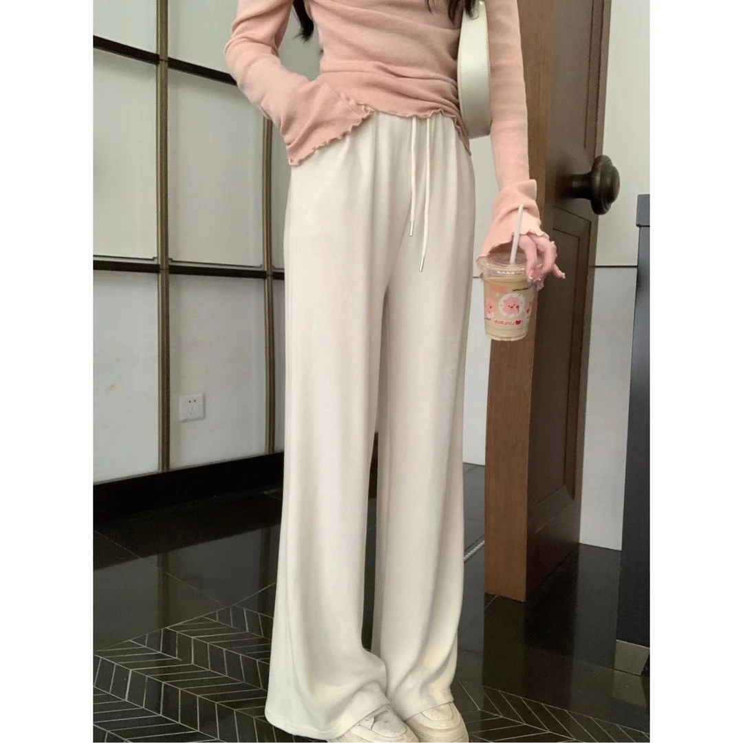 安璃 百搭奶杏色抽绳松紧腰阔腿裤