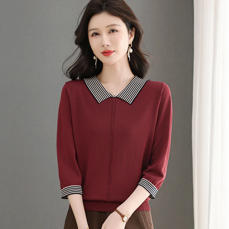 娃娃翻领半袖遮肉体恤衫2025春秋季新款七分冰丝上衣女士中袖T恤