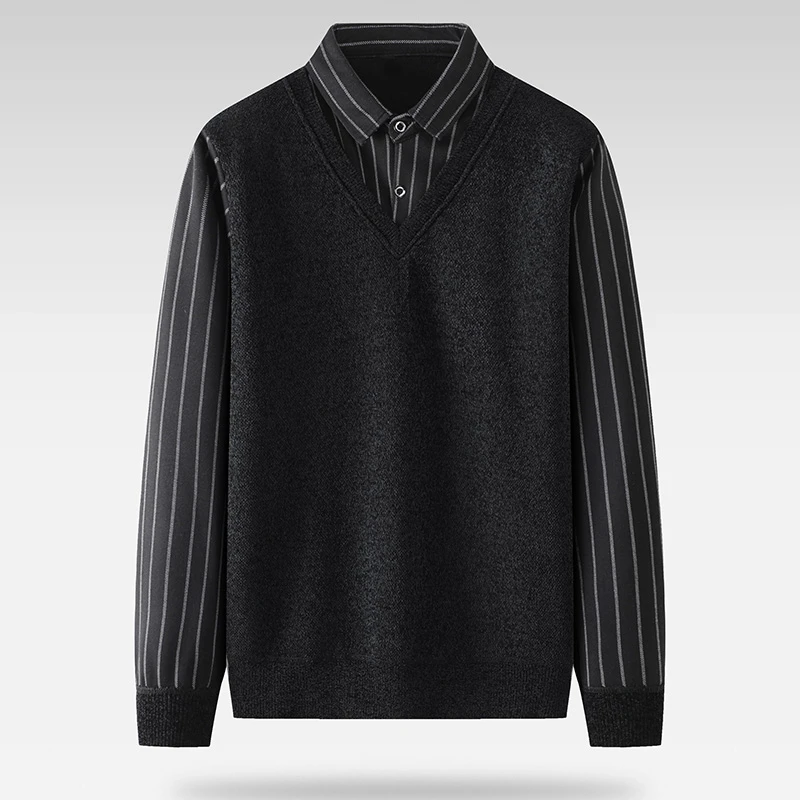 新款商务休闲软糯加绒假两件针织衫42600