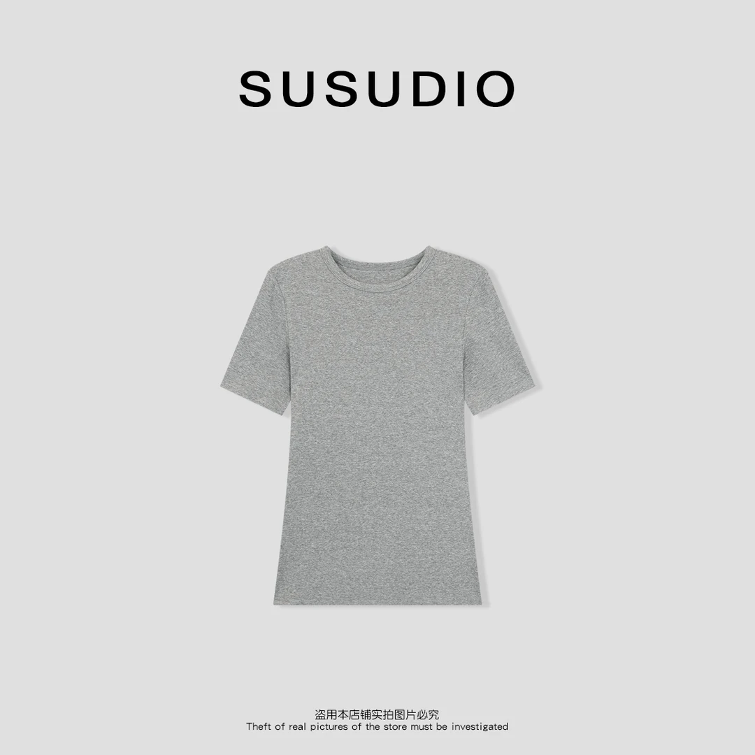 SUSUDIO 超模T 纯色高弹力修身中长款圆领正肩短袖T恤10095