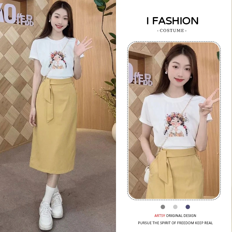 小个子休闲减龄套装女2025年夏季新款气质印花圆领短袖半裙两件套