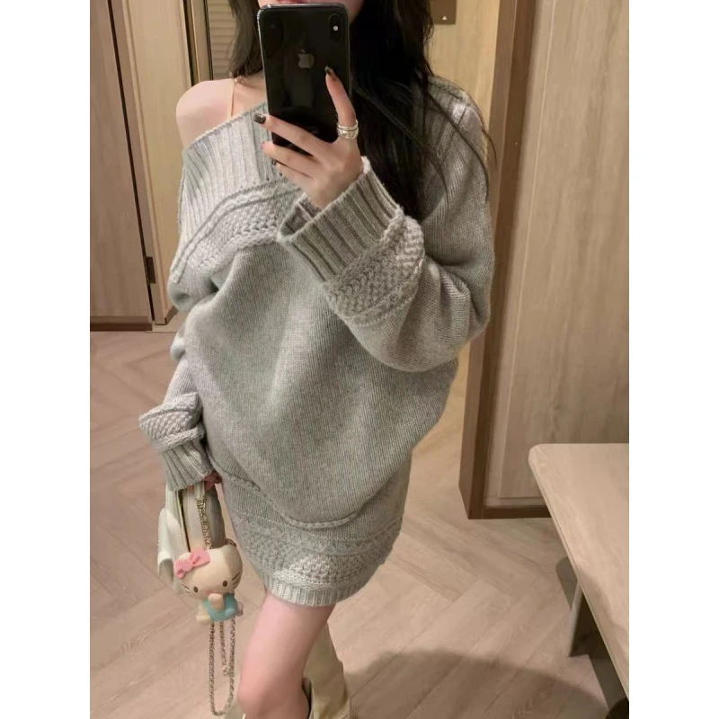 慵懒毛衣套装女一字领套头毛衣+针织短裙两件套2025秋冬新款01389