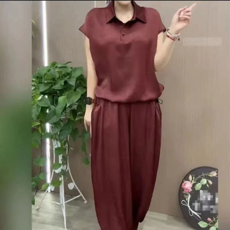 短袖套装女2025夏季新款中老年妈妈装时尚洋气翻领上衣休闲两件套