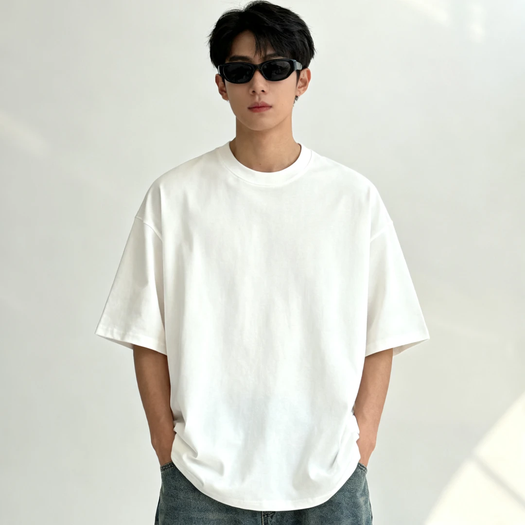 短袖T恤男夏季300G纯棉宽松白色港风休闲简约潮流重磅ins日系上衣