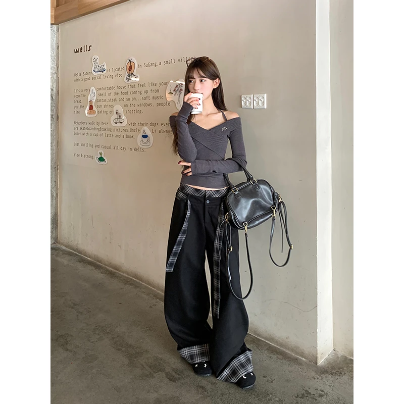 宋正恩黑色格子宽松阔腿裤女西裤高腰直筒休闲裤长裤STM61182