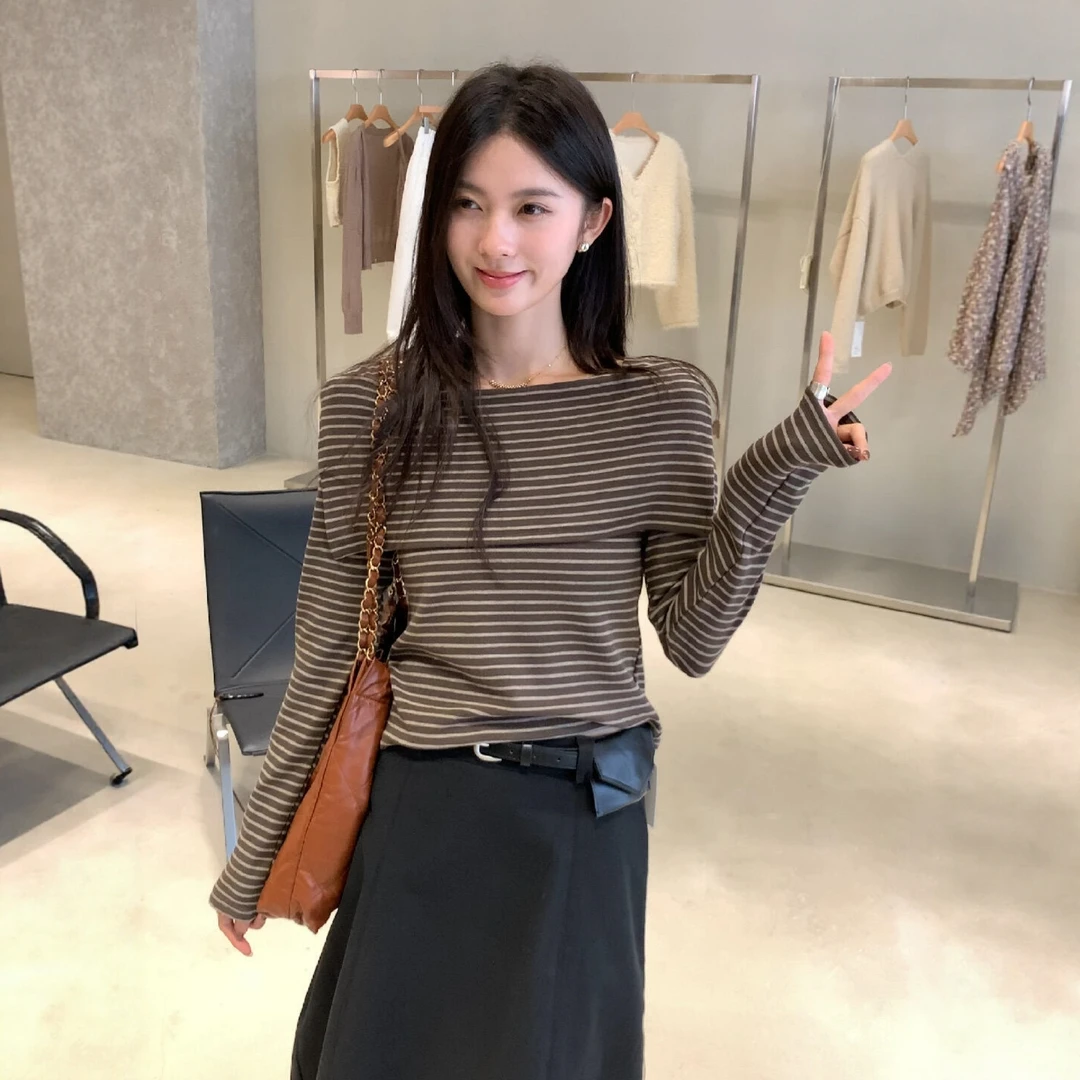 韩系巨好看设计感条纹一字肩上衣女早秋季高级感chic别致长袖T恤