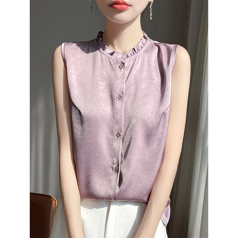 精致优雅木耳花边立领无袖衬衣夏季法式洋气气质百搭缎面背心衬衫