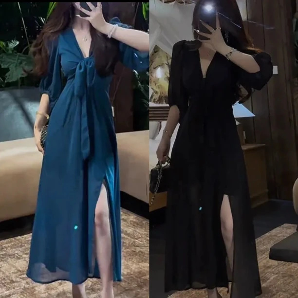 【长款】步步生莲大码御姐风气质黑色V领连衣裙绑带收腰裙子11024