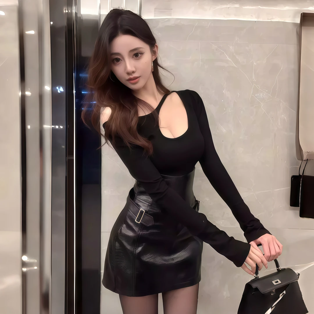 高级感复古时尚气质T恤上衣女秋冬季新款高腰包臀皮裙子两件套装