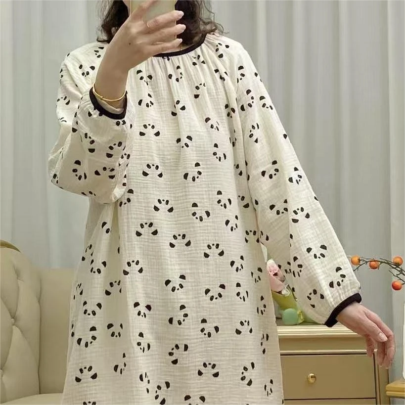 【田园风】新款全棉双层纱裙子睡裙长袖皱皱纱家居裙超软面料