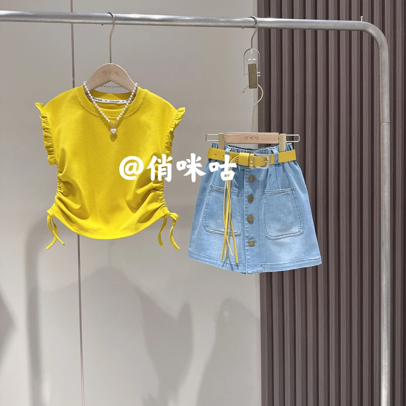 女童套装夏季新款飞袖木耳边抽绳短袖上衣薄款牛仔裙裤两件套