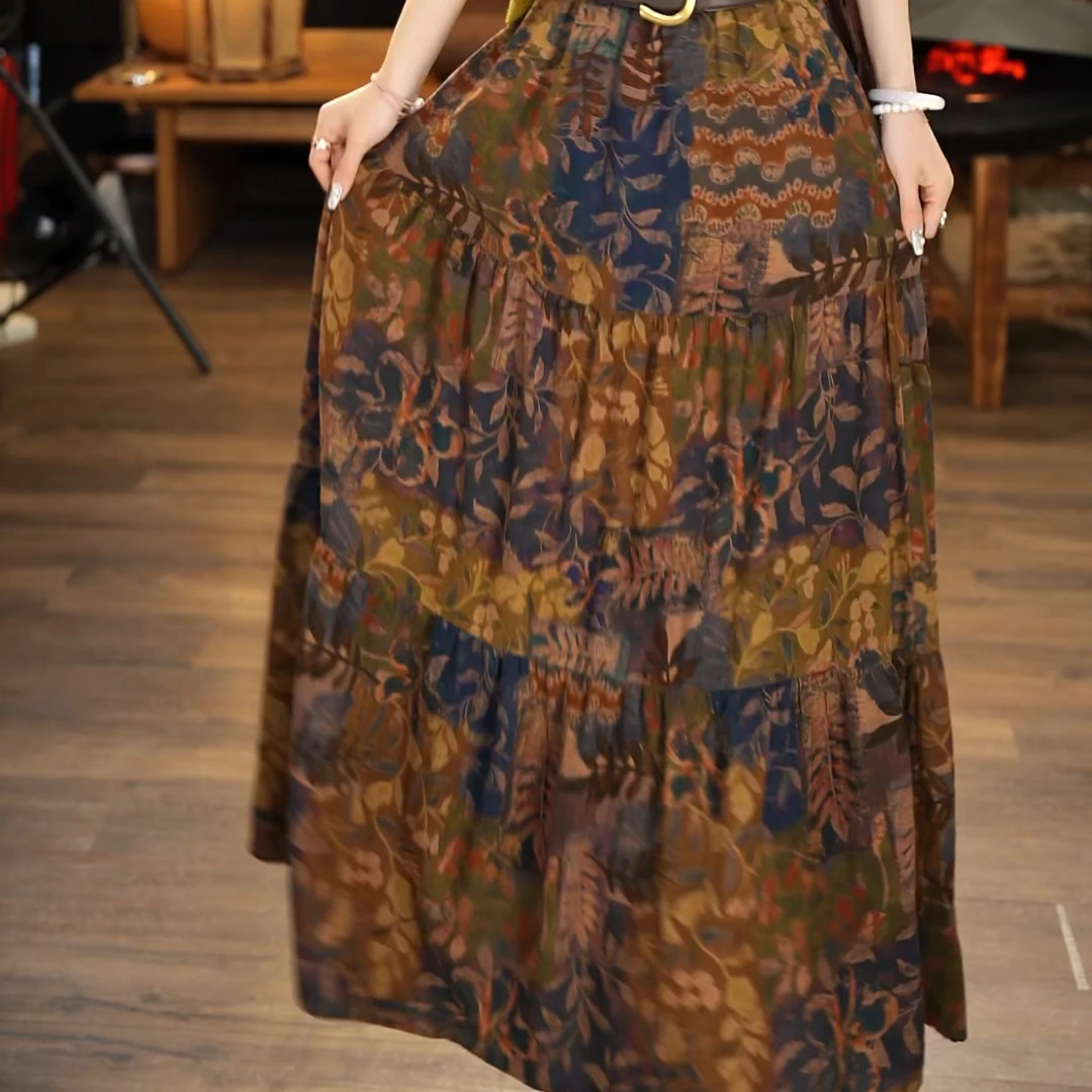 顾玖儿复古黄蓝花气质显瘦半身裙#L2031