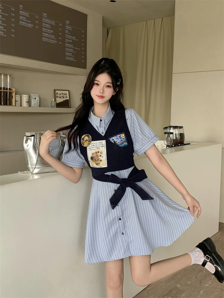 18390美式学院两件套衬衫连衣裙夏季设计感系带显瘦条纹a字裙子